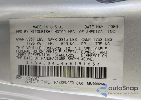 2000 Mitsubishi Eclipse Gt из США, поврежденный, VIN 4A3AC84L4YE151854